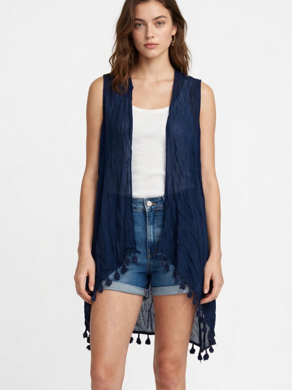Athena Navy Blue Tassel Kimono Vest Sheer Gauze Open Front Cover Up Size S NWT
